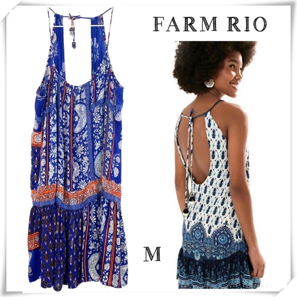 Farm Rio Floral Paisley Print Bohemian Mini Dress in Royal Blue Size M